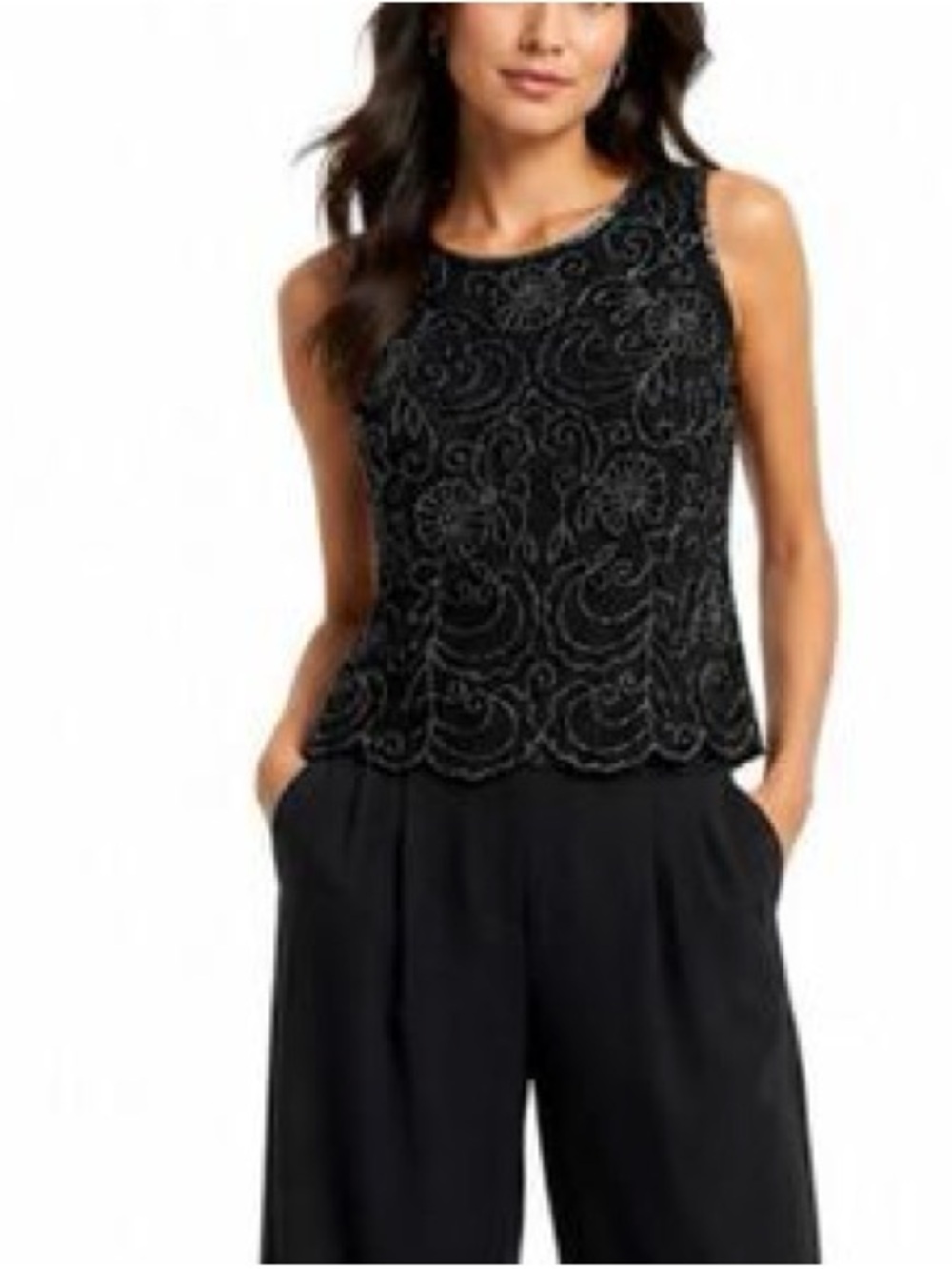 J Kara Black Floral Sequin Beaded Evening Formal Party Top PL